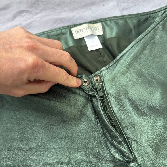 Women's Vintage 90's Hugo Buscatti Shiny Green Leather Casual Pants Sz 4 Tall - Picture 7 of 8